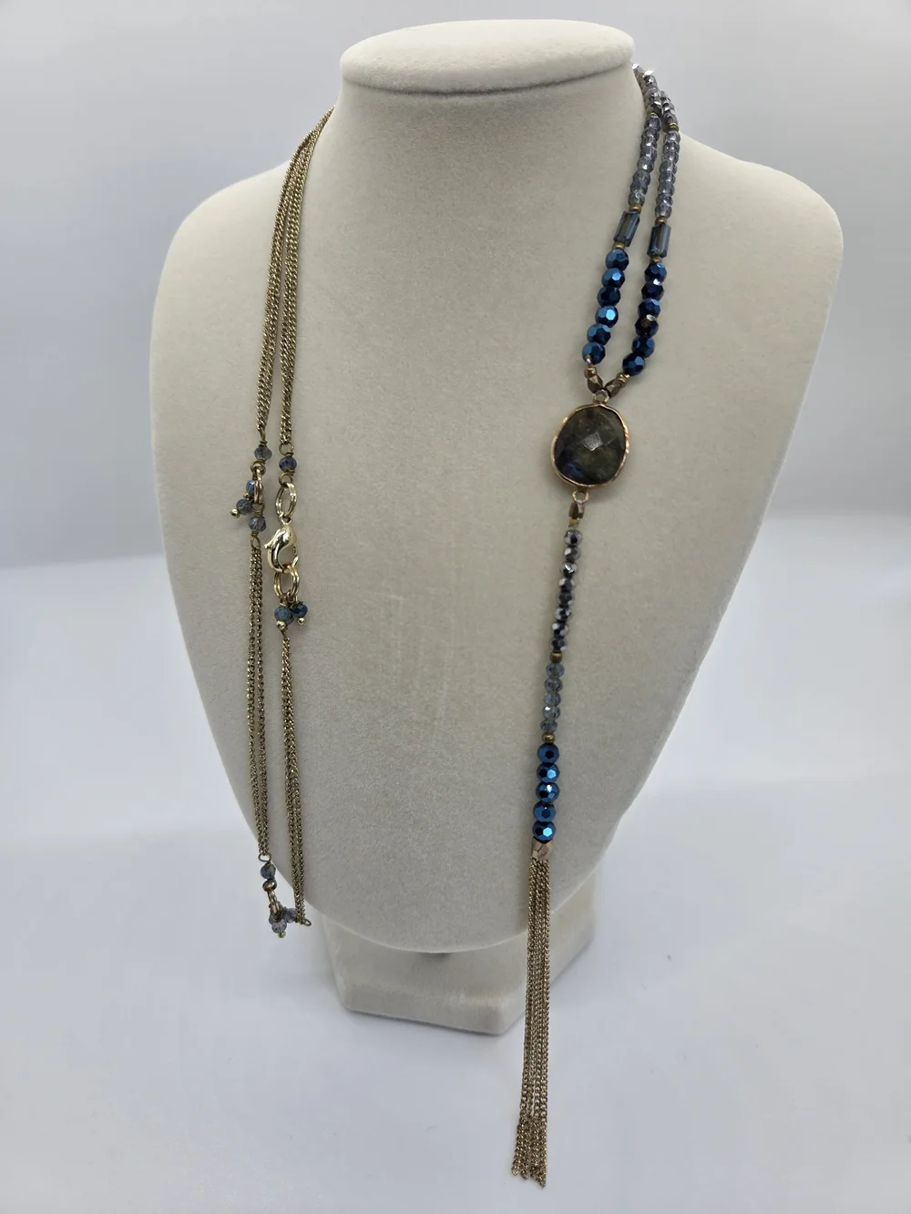 Handcrafted Blue Beaded Gold Tassel Necklace